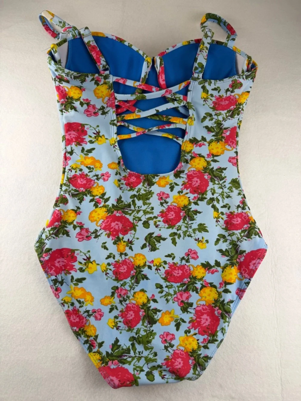 Janela Bay‎ Floral One Piece Swimsuit XS Underwire Lace Up Back